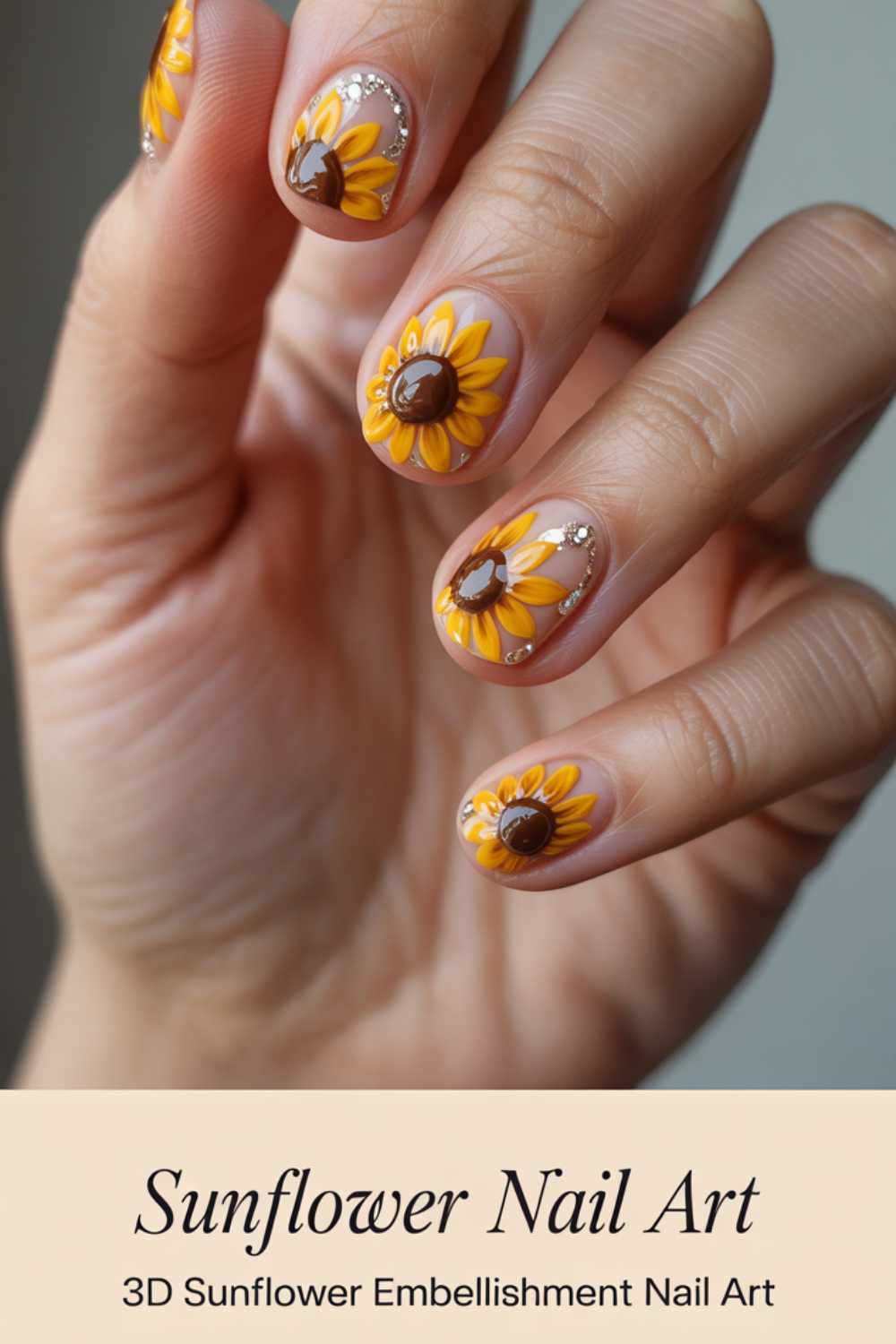 A hand with neatly manicured nails features 3D sunflower nail art, each nail decorated with a detailed yellow sunflower design and sparkling accents. Text below reads: Sunflower Nail Art. 3D Sunflower Embellishment Nail Art.