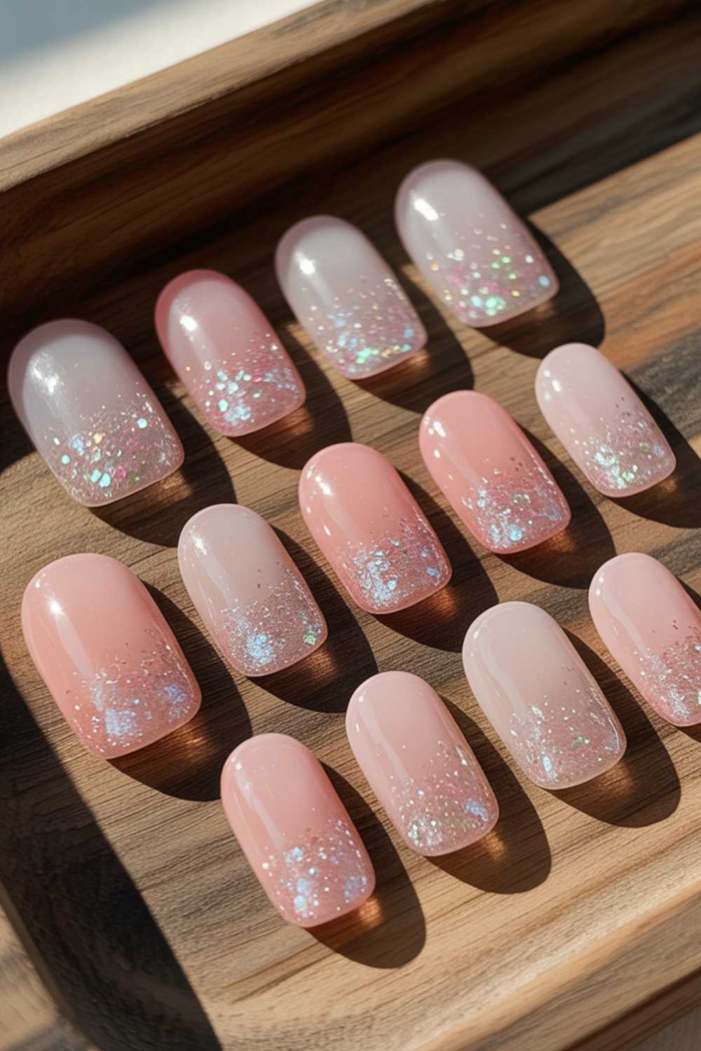 A set of artificial nails displayed on a wooden tray, featuring a pink-to-clear ombre design with glittery and iridescent sparkles.