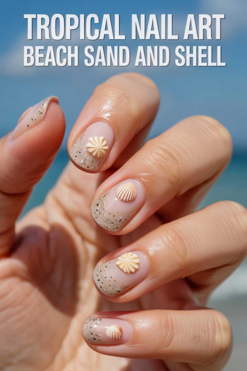 A hand with nails decorated in a tropical beach theme, featuring sandy beige tips, small seashell designs, and glitter accents, with the caption Tropical Nail Art Beach Sand and Shell at the top.