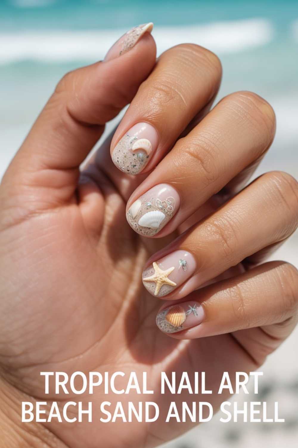A hand with tropical nail art featuring sand-like textures, seashells, a starfish, and beach-themed designs, with the ocean and sandy beach blurred in the background. Text reads: Tropical Nail Art Beach Sand and Shell.