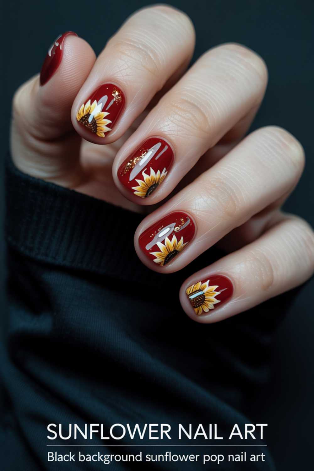 A hand with short, red-painted nails featuring sunflower designs on each nail. The text reads: SUNFLOWER NAIL ART. Black background sunflower pop nail art.