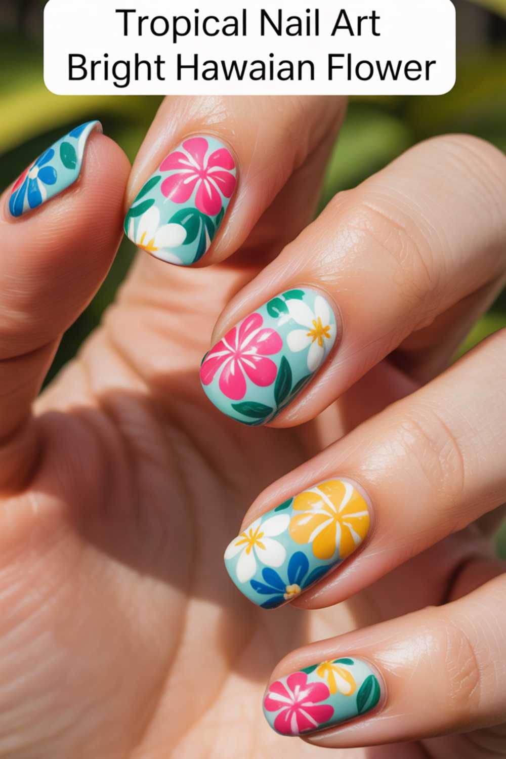 A hand with nails painted in vibrant tropical flower designs in pink, yellow, blue, and green, inspired by Hawaiian floral patterns. The text at the top reads, Tropical Nail Art Bright Hawaiian Flower.
