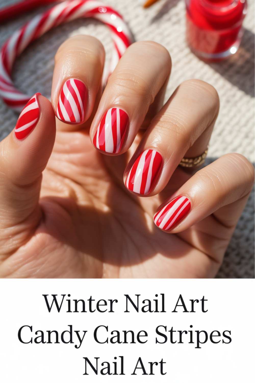 A hand with nails painted in red and white candy cane stripes, holding a candy cane. A bottle of red nail polish is nearby. Text below reads: Winter Nail Art Candy Cane Stripes Nail Art.