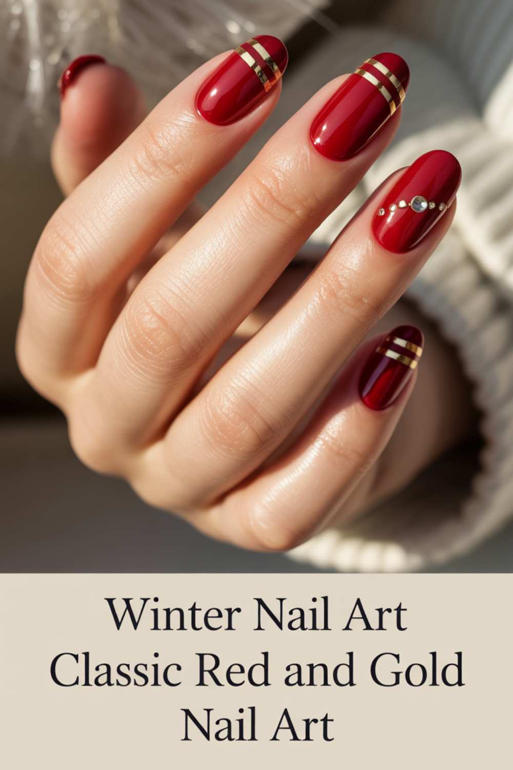 A hand with oval-shaped nails painted in glossy red polish featuring gold stripes and small gems, showcasing elegant winter nail art. Text below reads: Winter Nail Art Classic Red and Gold Nail Art.