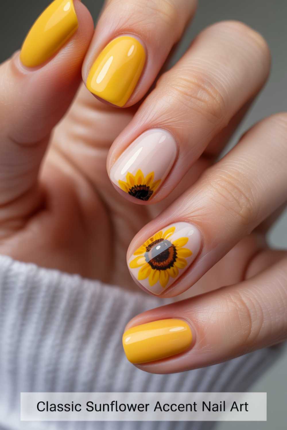A hand with a manicure featuring yellow nails and two accent nails painted with detailed sunflower designs. The person is wearing a white sweater. Text reads: Classic Sunflower Accent Nail Art.