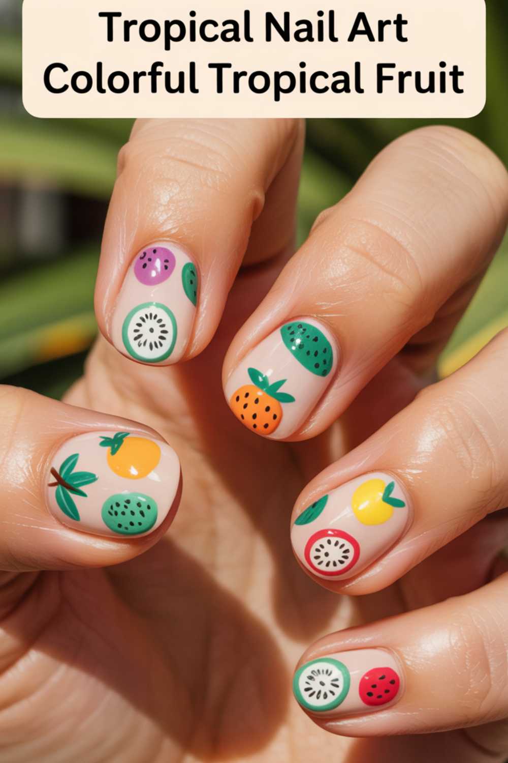 A hand with nails painted in bright tropical fruit designs, including orange, lemon, kiwi, and dragon fruit, set against a blurred natural background. Text above reads: Tropical Nail Art Colorful Tropical Fruit.