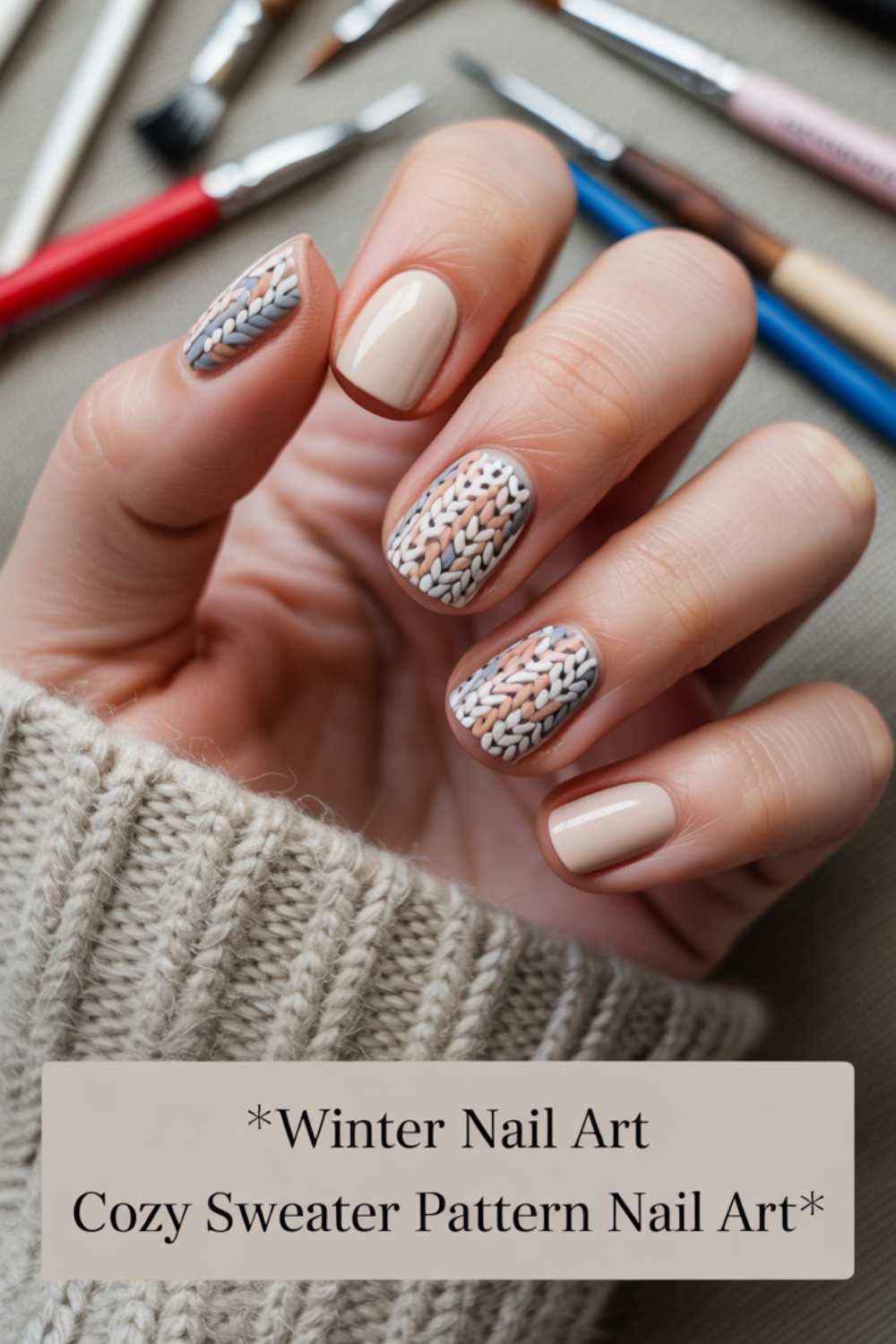 A hand with beige and sweater-patterned nail art, holding the edge of a knitted sweater, surrounded by nail art brushes. Text reads: Winter Nail Art Cozy Sweater Pattern Nail Art.