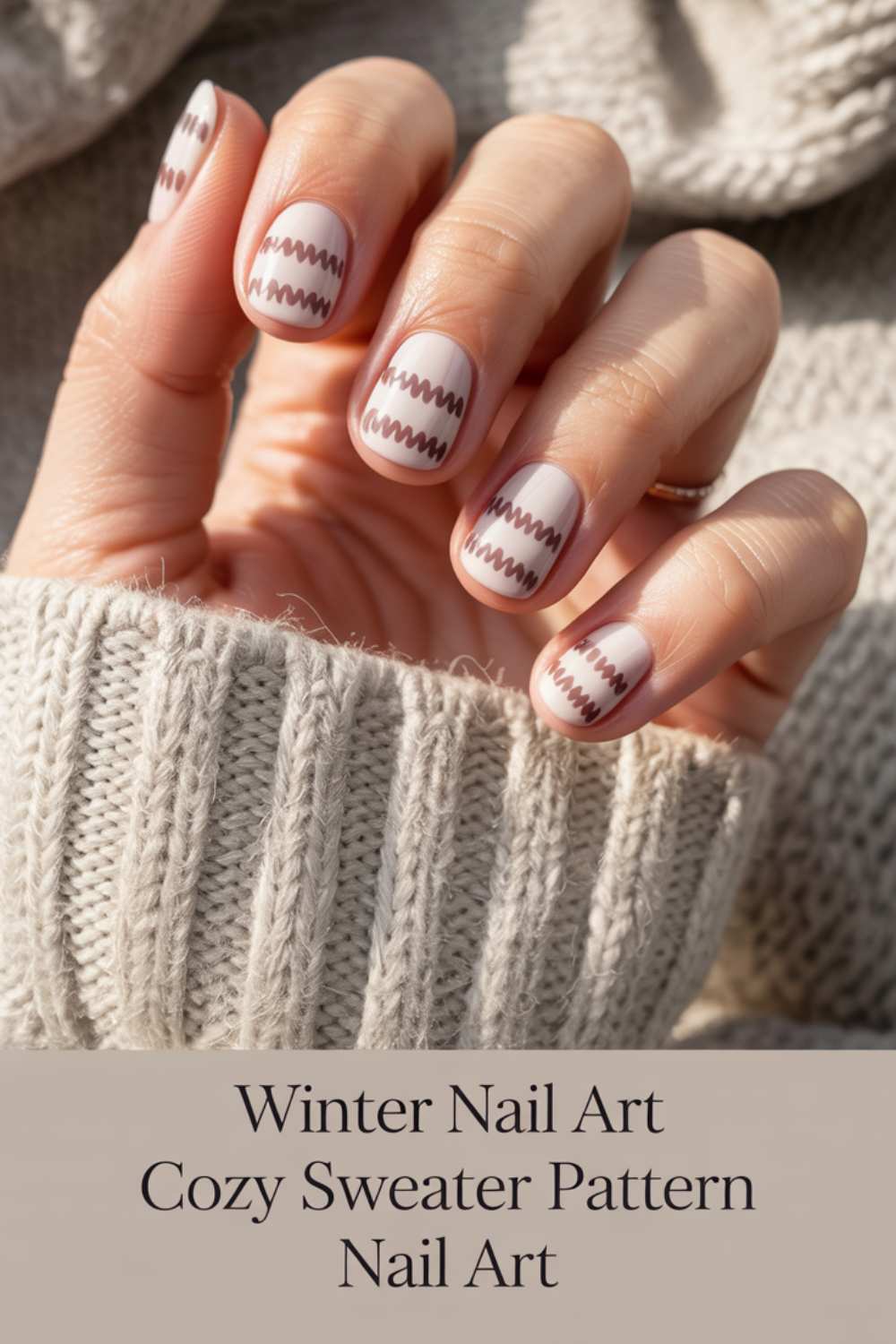 A hand with short, oval nails featuring a cozy sweater-inspired nail art pattern in brown and beige. The person is wearing a thick, knitted cream sweater. Text at the bottom reads: Winter Nail Art Cozy Sweater Pattern Nail Art.