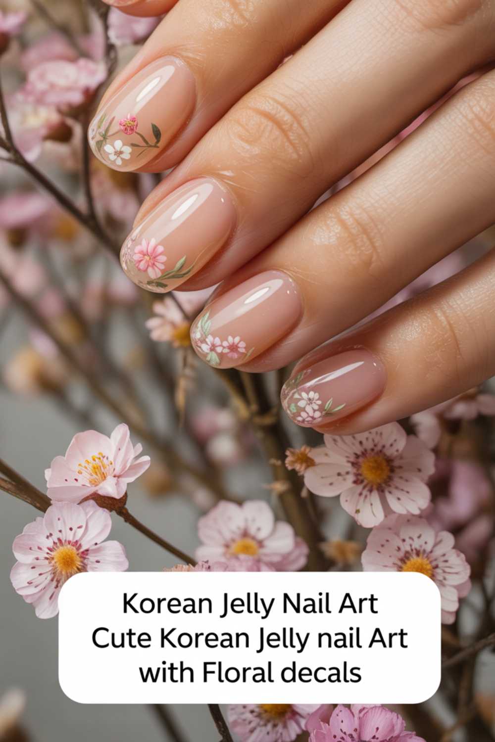 A hand with short, glossy, nude-colored nails featuring delicate floral decals, holding pink cherry blossom branches. Text reads: “Korean Jelly Nail Art Cute Korean Jelly nail Art with Floral decals.”.