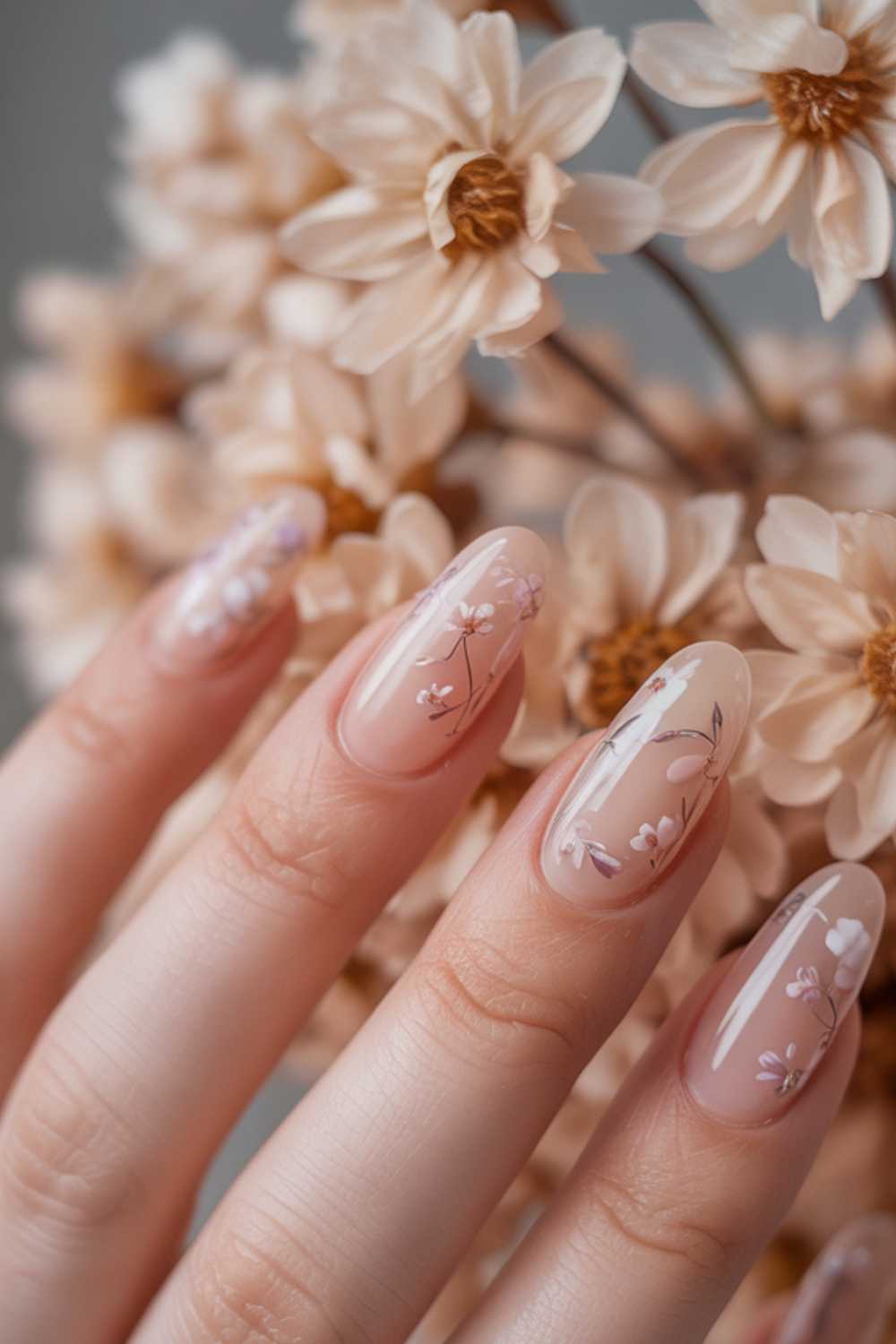 A hand with long, almond-shaped nails painted with a nude base and delicate white floral designs is held near light beige flowers, creating a soft, elegant, and feminine aesthetic.