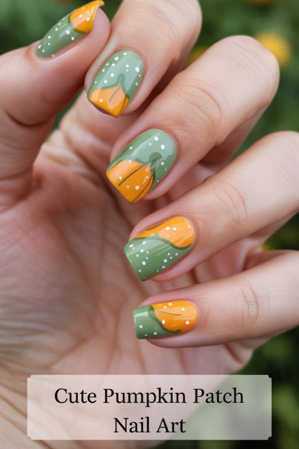 A hand with green and orange nail art featuring pumpkin and leaf designs, accented with small white dots. Text at the bottom reads, Cute Pumpkin Patch Nail Art.