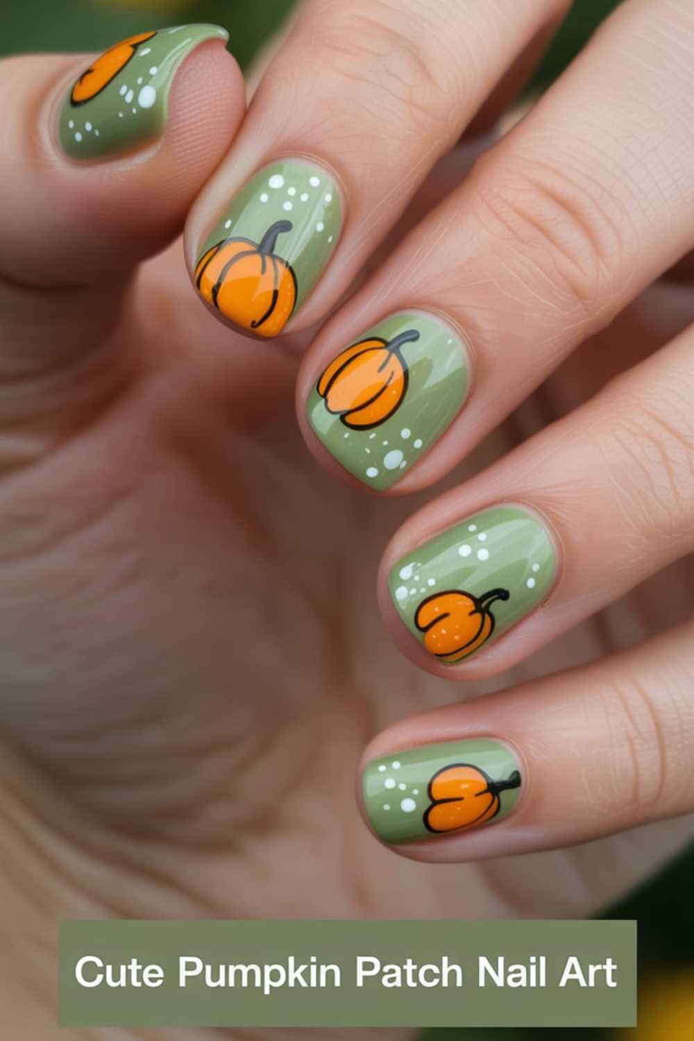 A hand with light green nail polish featuring orange pumpkin designs and small white dots on each nail. Text at the bottom reads, Cute Pumpkin Patch Nail Art.