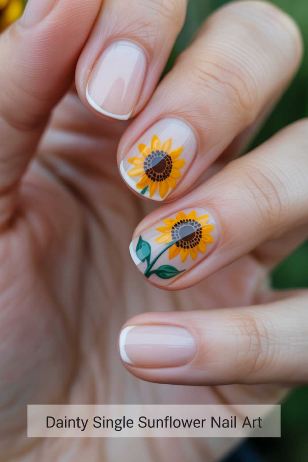 A close-up of a hand with a French manicure and delicate sunflower nail art on two fingernails. Text at the bottom reads, Dainty Single Sunflower Nail Art.