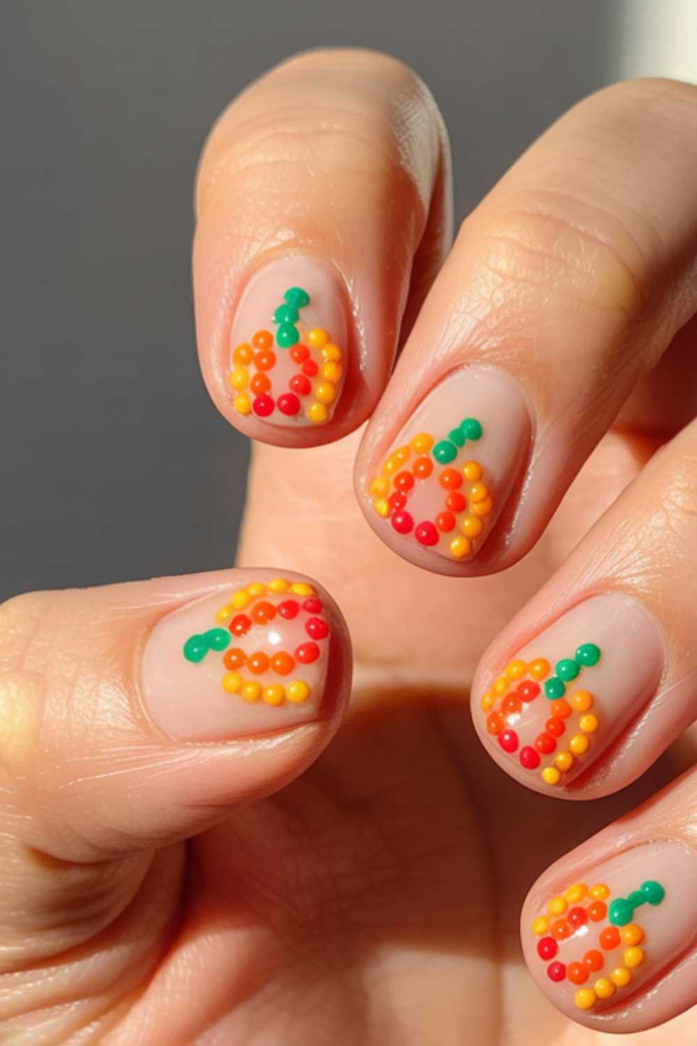 Fingernails with a clear base are decorated with small colorful beads arranged in the shape of pumpkins using orange, yellow, red, and green colors.