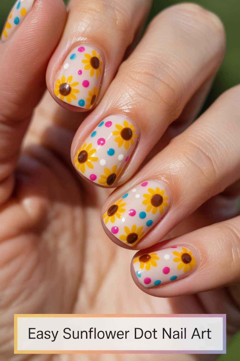 A hand with nails painted with sunflower designs and colorful dots on a light background. Text at the bottom reads, “Easy Sunflower Dot Nail Art.”.
