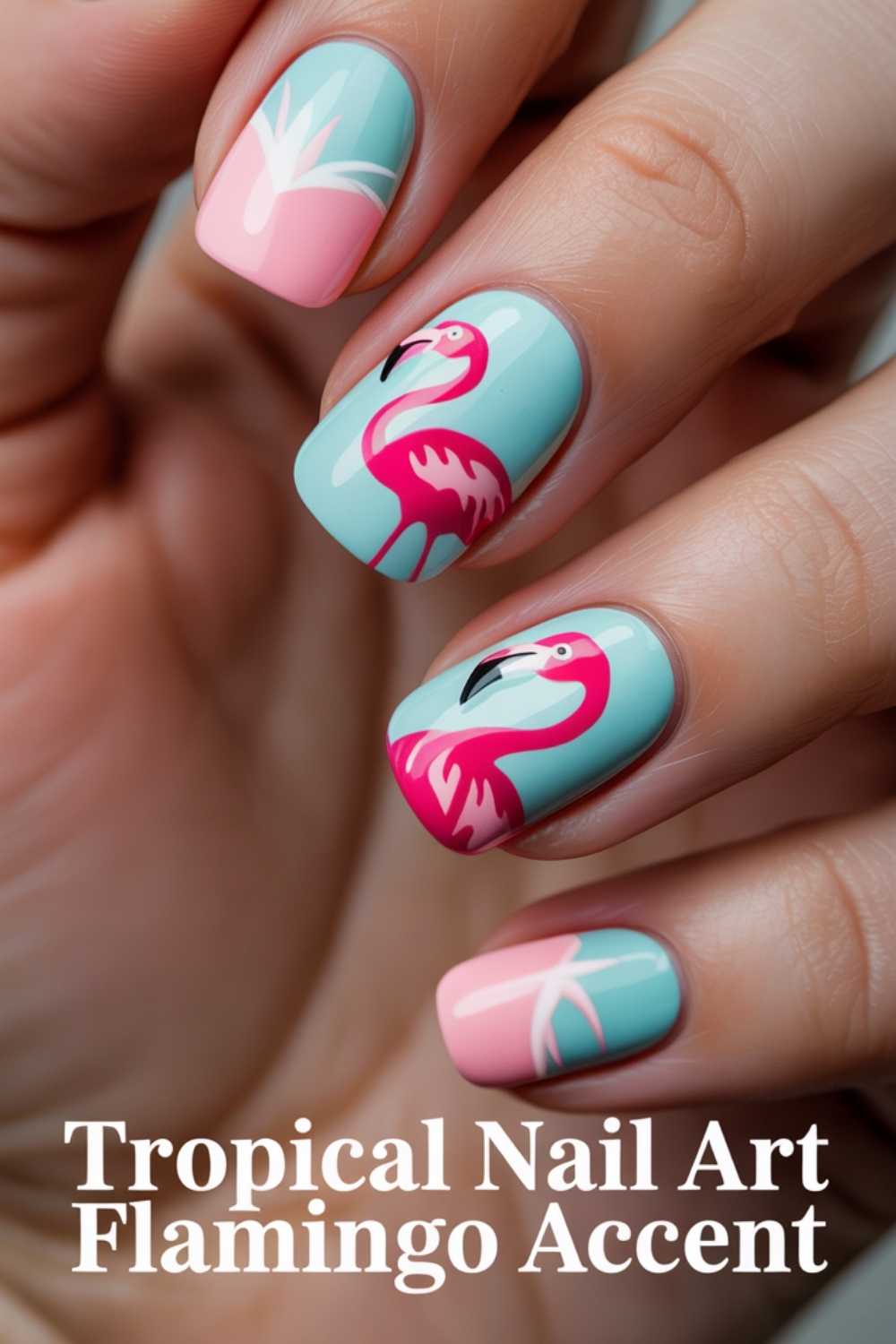A close-up of manicured nails with tropical nail art featuring pink flamingos and white palm leaves on a pastel blue and pink background. Text reads: Tropical Nail Art Flamingo Accent.