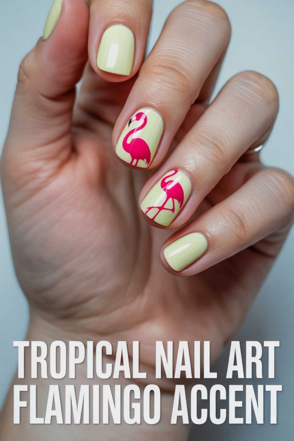 A hand with pale yellow nail polish and pink flamingo nail art accent on two fingernails. Text at the bottom reads, Tropical Nail Art Flamingo Accent.