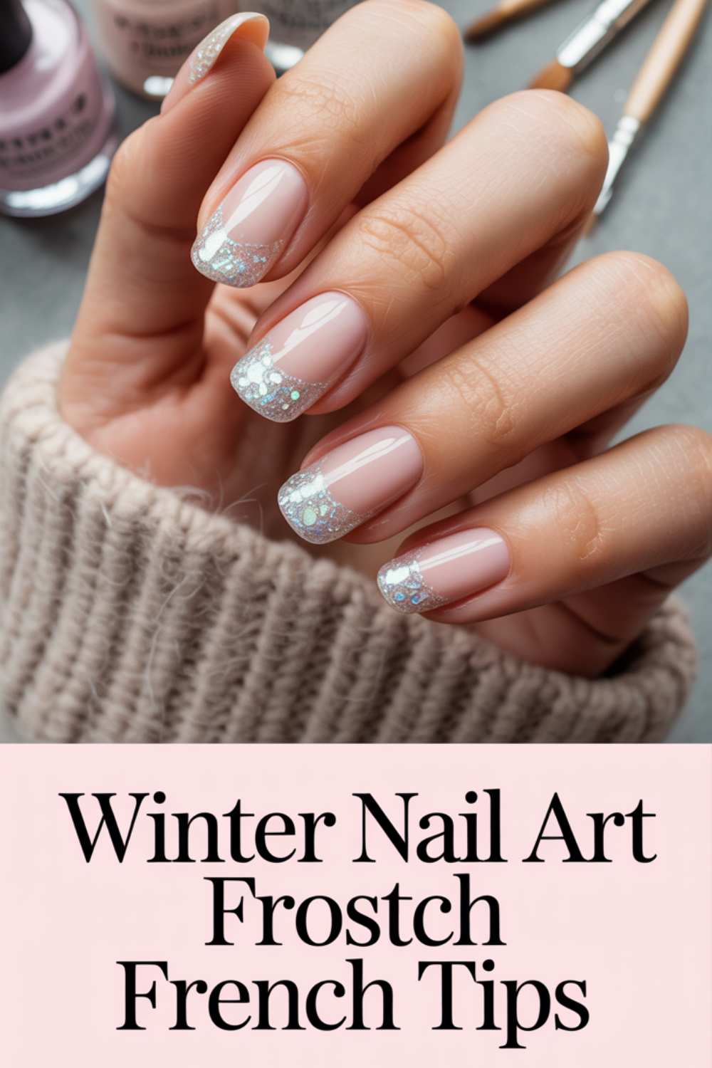 A hand with pale pink nails featuring glittery, white, frosty French tips. The person is wearing a beige sweater. The image includes the text: Winter Nail Art Frostch French Tips.