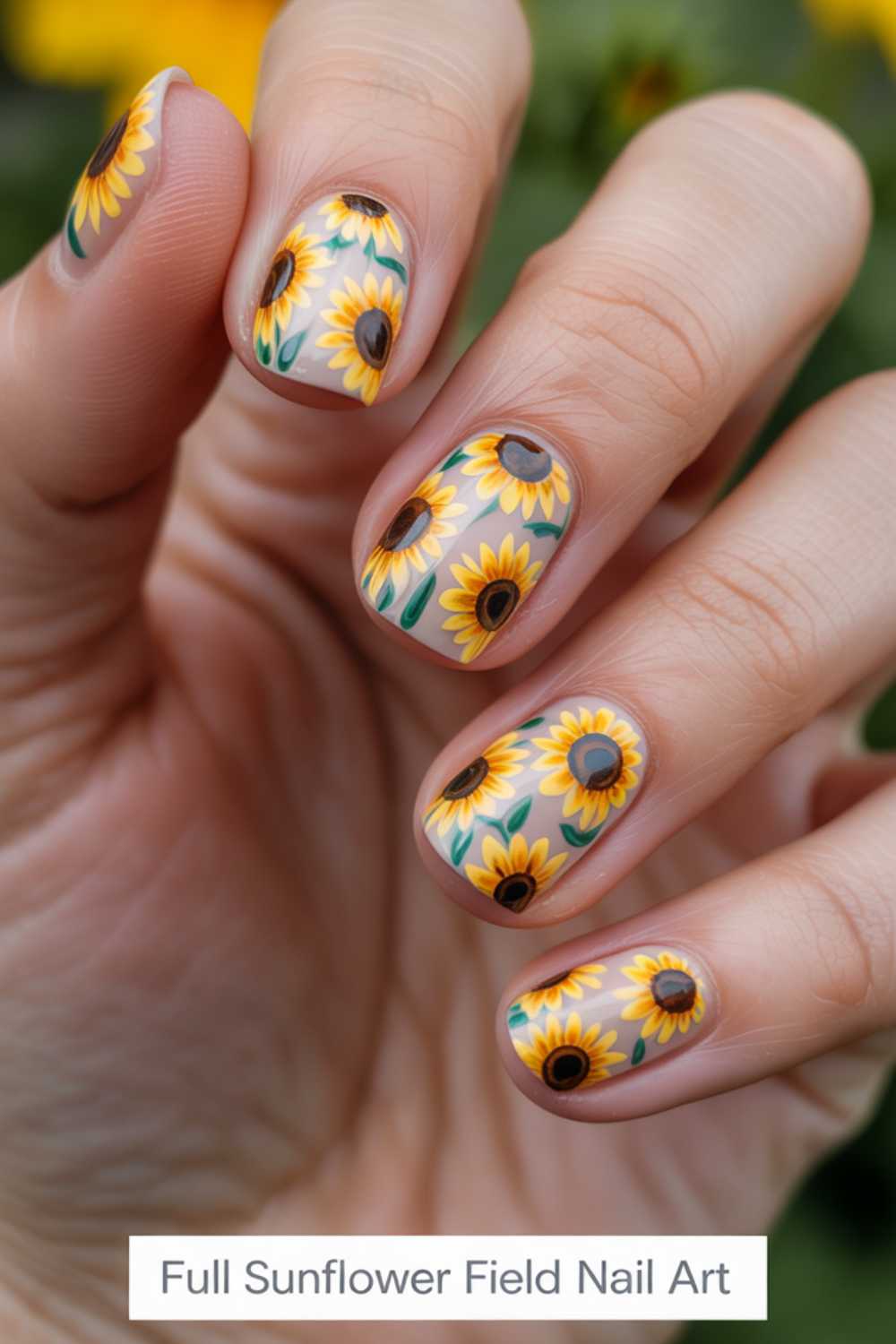 A hand with nails painted in detailed sunflower designs, featuring yellow petals and green leaves on a light background. The text below reads, Full Sunflower Field Nail Art.