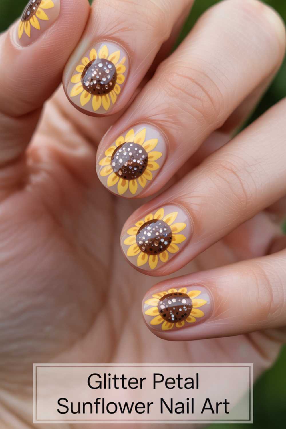 A hand with nails painted in sunflower designs, featuring yellow petals and brown centers with white glitter dots. Text at the bottom reads Glitter Petal Sunflower Nail Art.