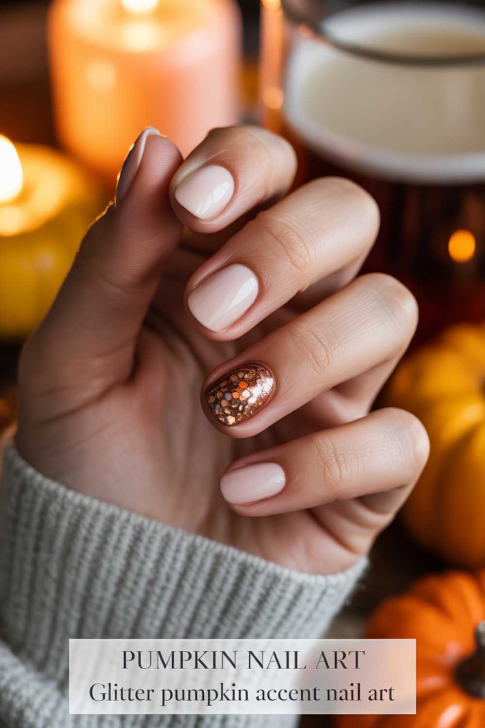 A hand with light pink manicured nails and one accent nail featuring glittery orange pumpkin-themed nail art. A candle and small pumpkin are in the blurred background. Text reads: PUMPKIN NAIL ART, Glitter pumpkin accent nail art.
