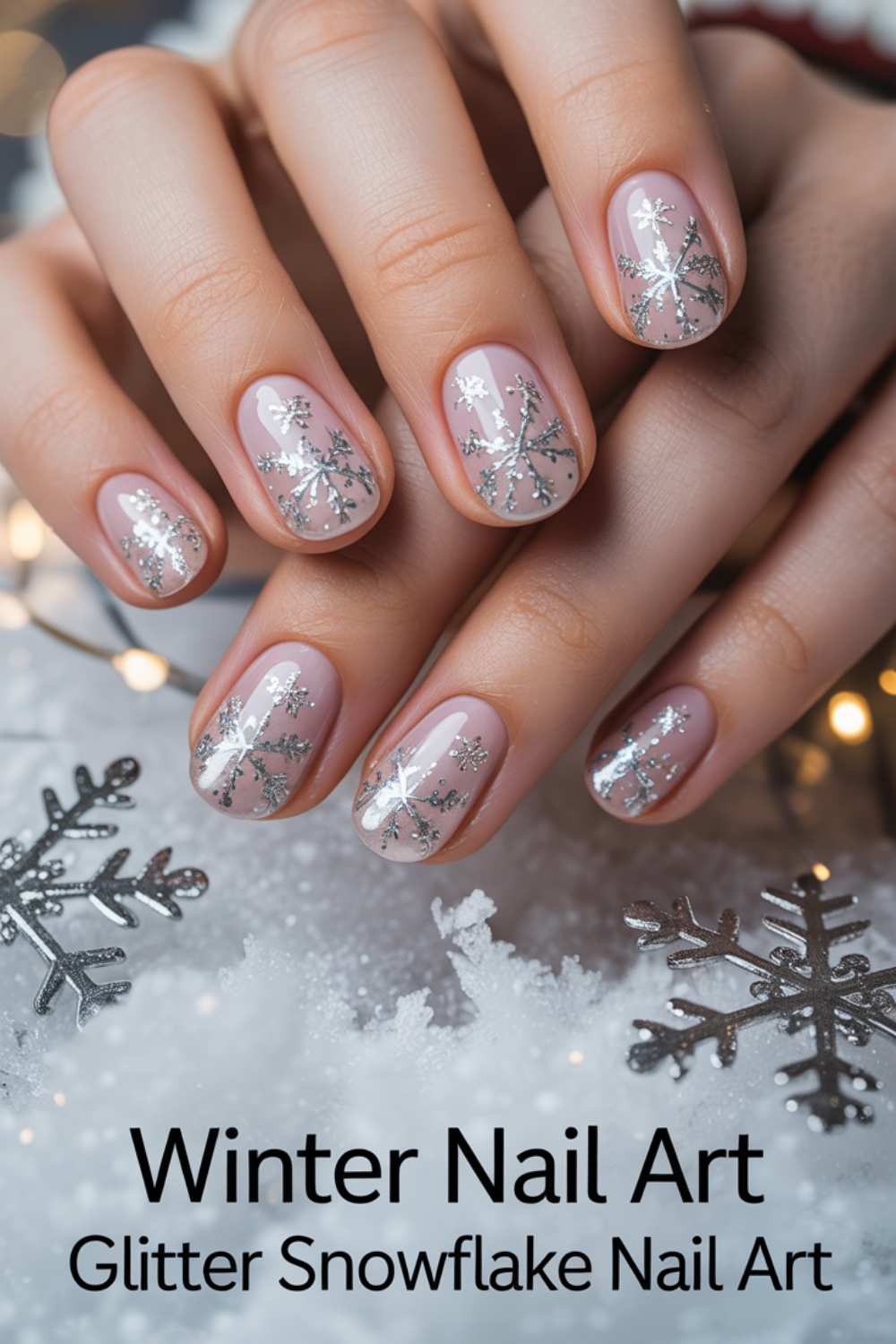 A hand with nude nails featuring silver glitter snowflake designs rests on artificial snow, with metallic snowflake decorations nearby. Text reads: Winter Nail Art - Glitter Snowflake Nail Art.