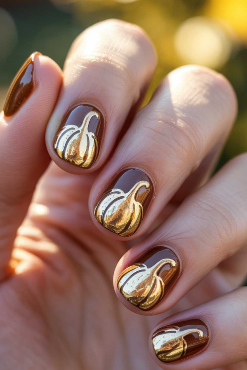 A hand with brown and gold nail art featuring pumpkin designs on each fingernail, shown in natural light.