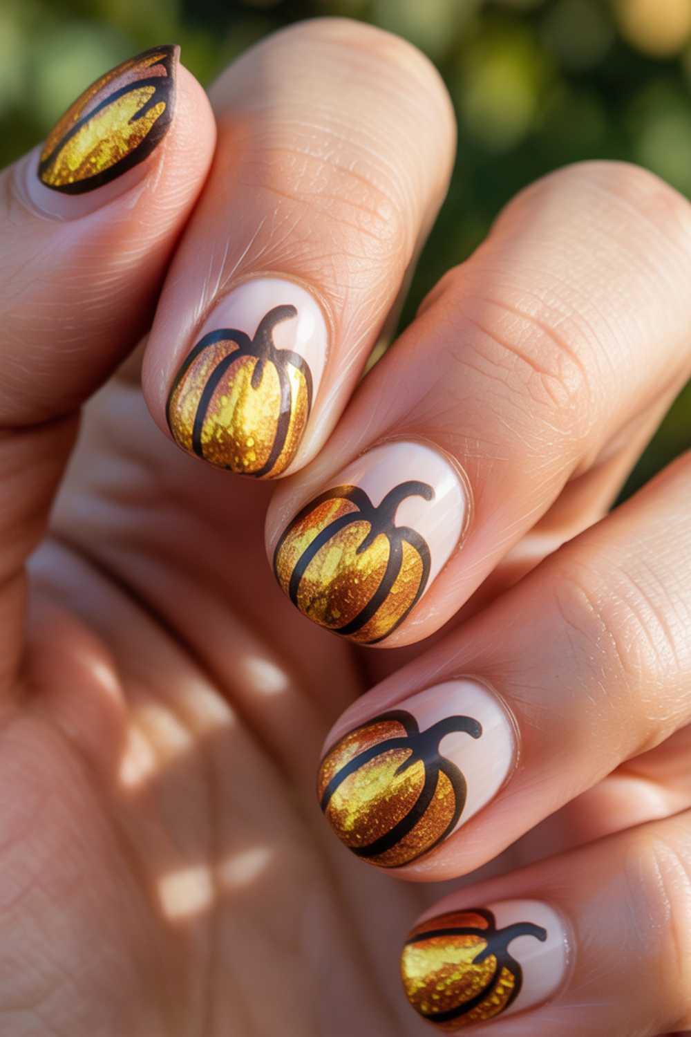 A hand with manicured nails featuring pumpkin designs outlined in black, filled with shimmery gold and orange polish on a nude base. The look is festive and autumn-inspired.