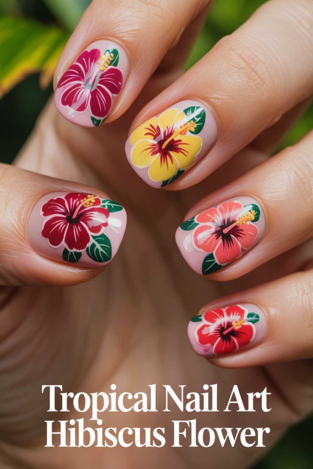 A hand with manicured nails featuring vibrant hibiscus flower nail art in red, pink, and yellow tones. Text reads Tropical Nail Art Hibiscus Flower. Lush green leaves are visible in the background.