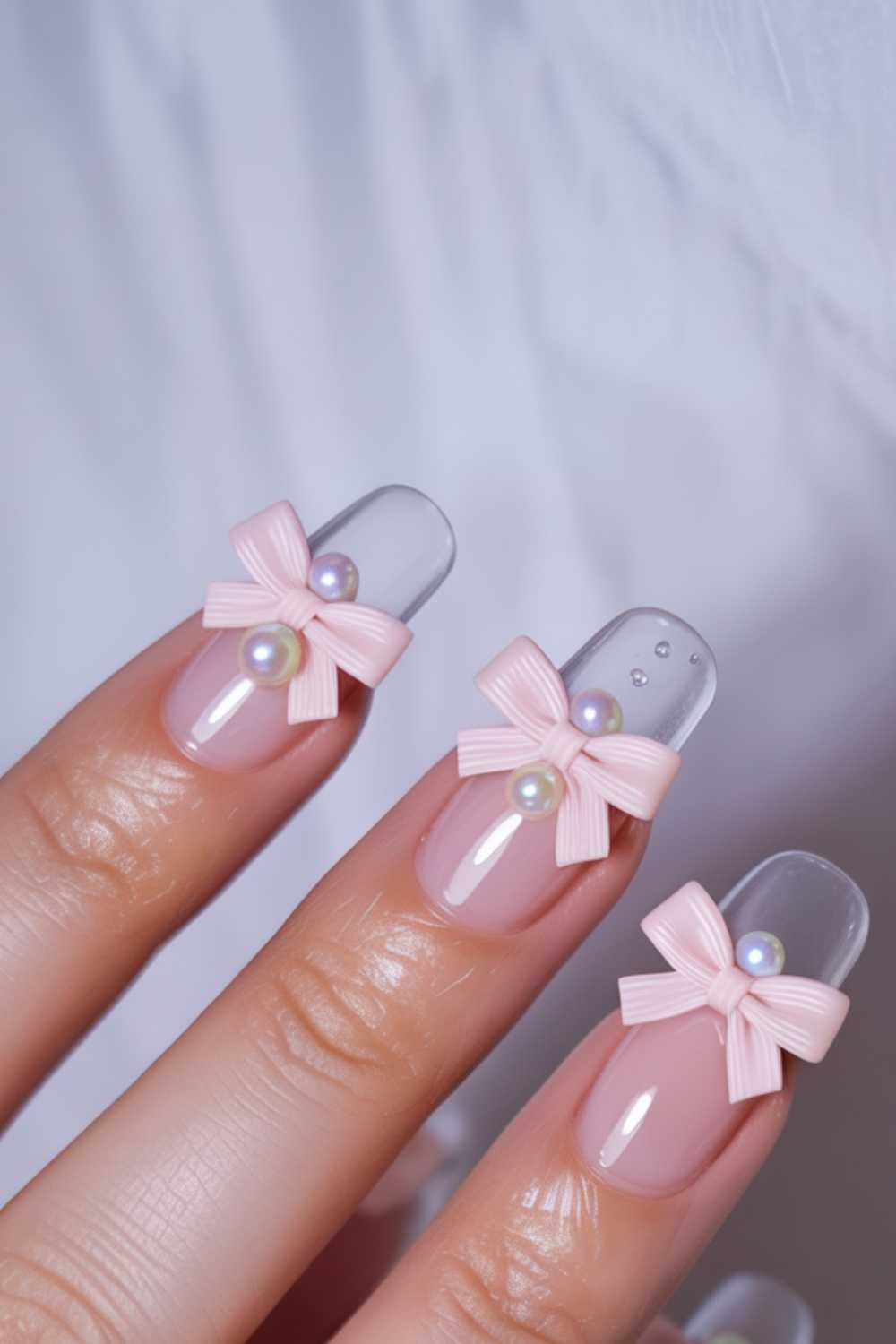 A close-up of three fingernails with a nude-pink polish, each decorated with a 3D pale pink bow and a pearl in the center. The nail tips are clear, giving a modern, elegant look.