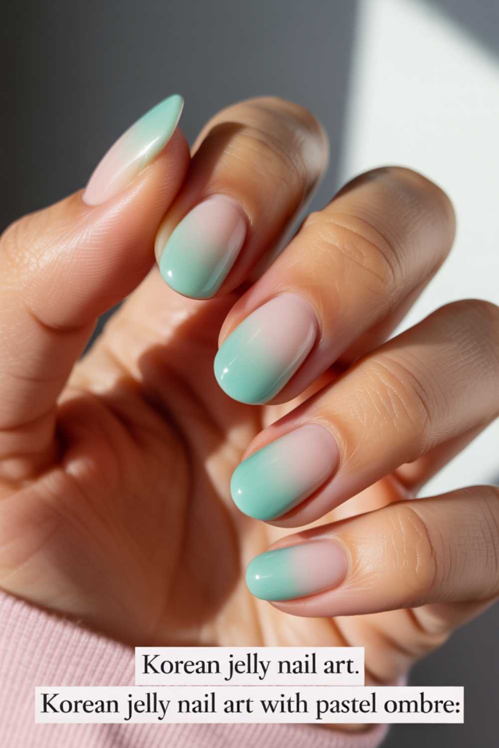 A hand with Korean jelly nail art featuring a pastel ombré effect, blending soft pink and mint green shades on medium length, oval-shaped nails.