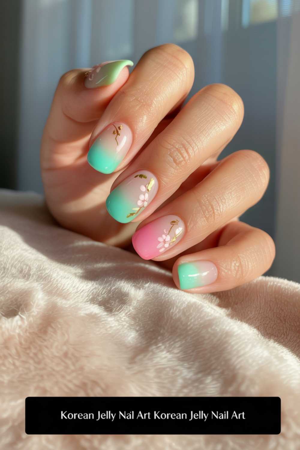 A hand with Korean jelly nail art featuring pastel pink, green, and blue gradient nails, adorned with white flower designs and gold accents, resting on a soft beige fabric.