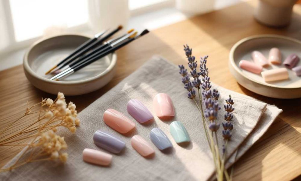 A set of pastel-colored false nails is arranged on a fabric napkin beside dried flowers, paintbrushes, and small plates on a wooden table in soft natural light.
