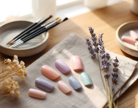 A set of pastel-colored false nails is arranged on a fabric napkin beside dried flowers, paintbrushes, and small plates on a wooden table in soft natural light.