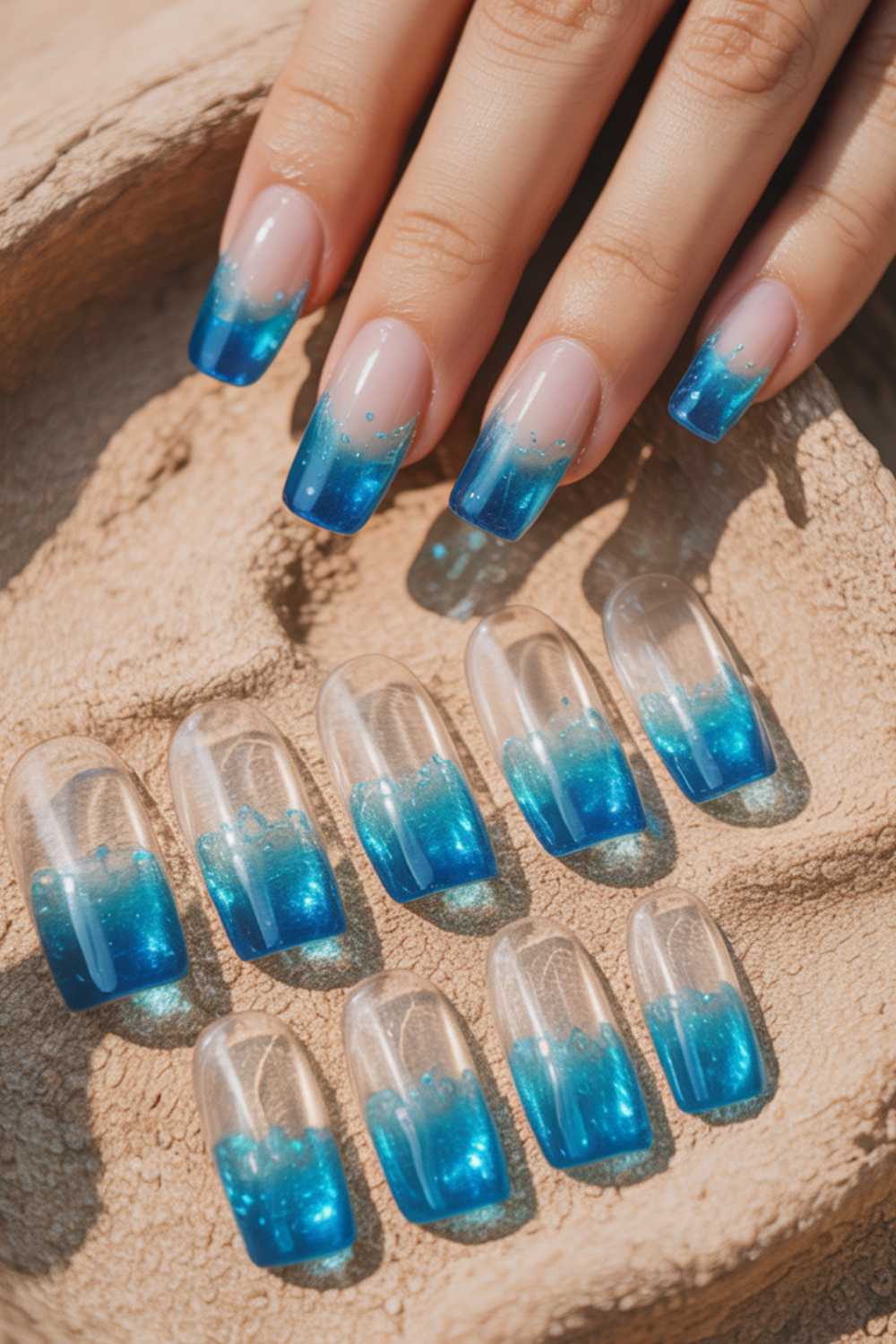 A hand with long, square-shaped nails features a blue ombre French tip design. Below the hand, similar blue ombre press-on nails are arranged on a textured, sandy surface.