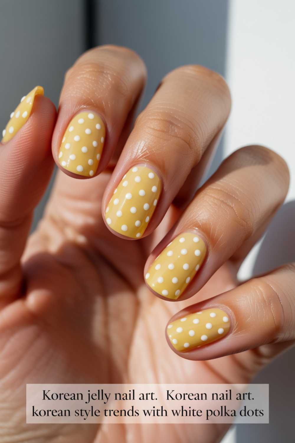 A hand with short, oval-shaped nails painted yellow and decorated with evenly spaced white polka dots, shown in natural light.