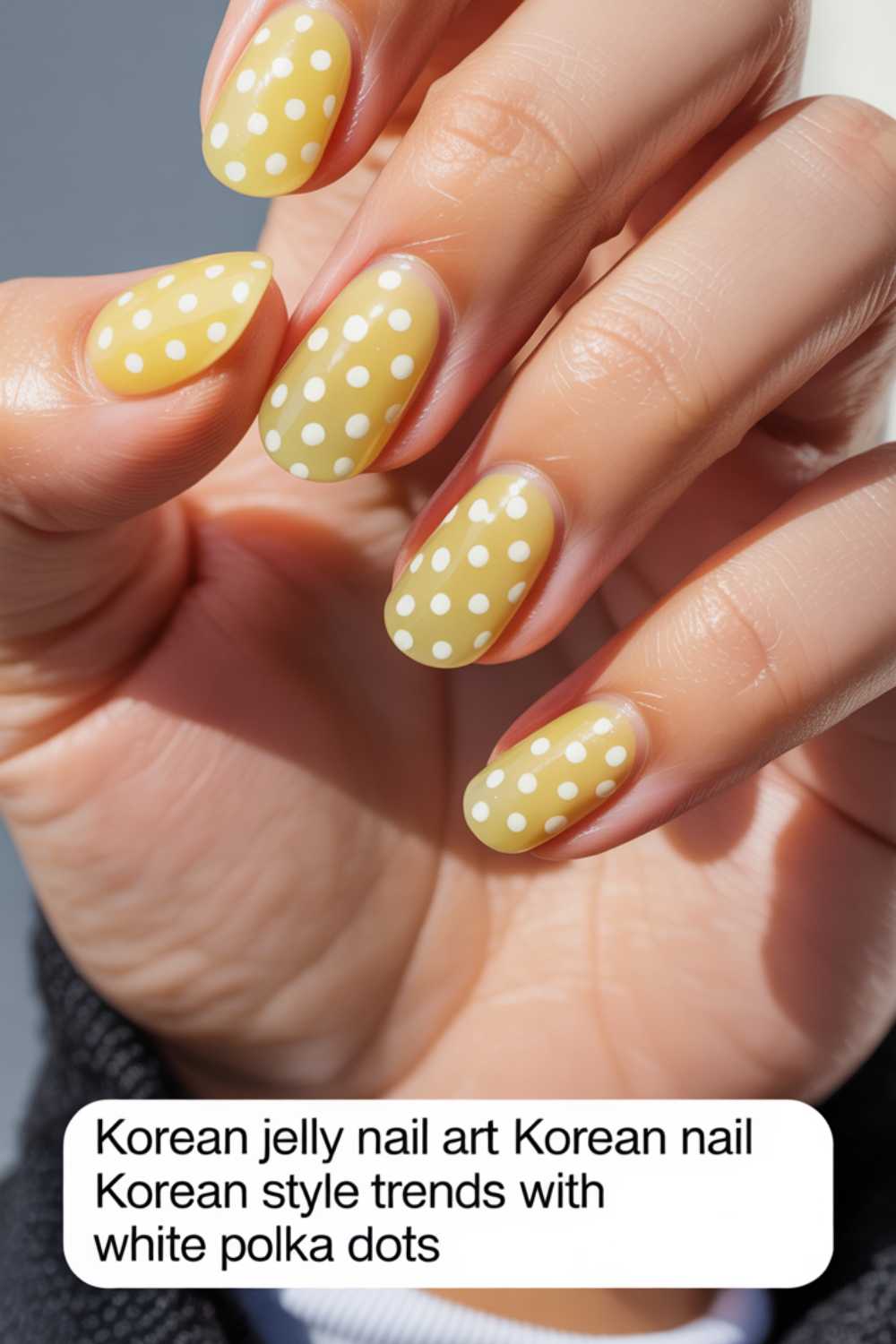 A hand with neatly manicured nails painted yellow and decorated with white polka dots, showcasing a trendy Korean jelly nail art style.
