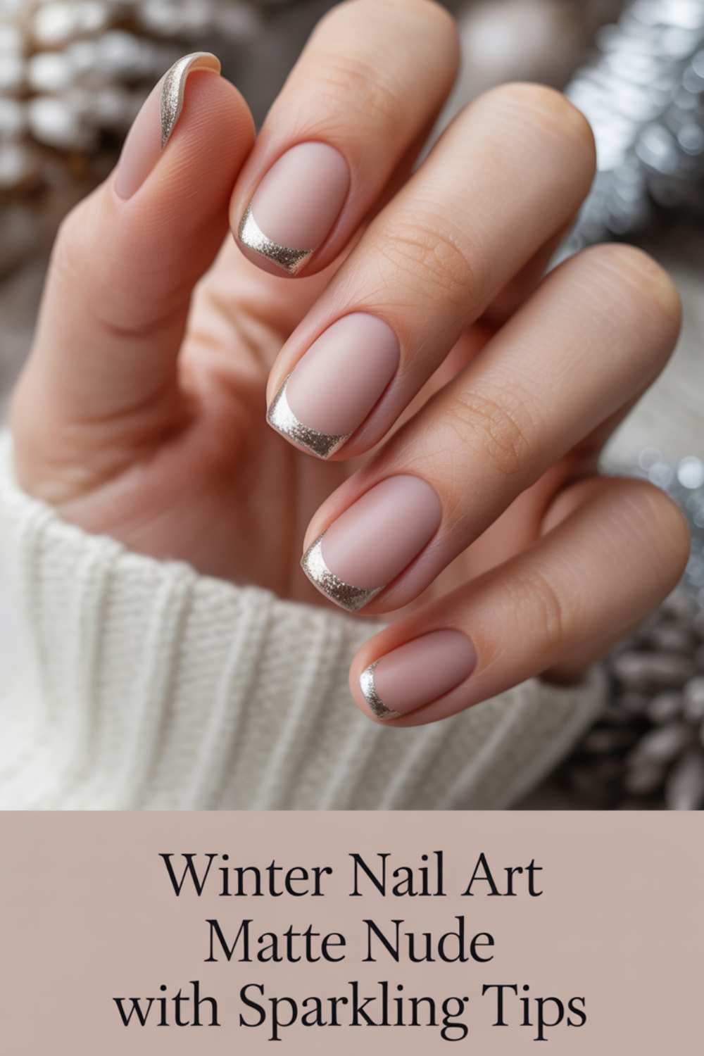 A hand with matte nude nails featuring sparkling silver tips. The person is wearing a cozy white sweater, and the background has soft, out-of-focus winter elements. Text reads: Winter Nail Art Matte Nude with Sparkling Tips.