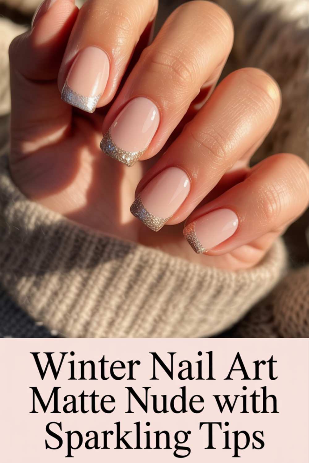 A hand with matte nude nails featuring sparkling silver tips, shown against a cozy beige knit sweater. Text below reads: Winter Nail Art Matte Nude with Sparkling Tips.