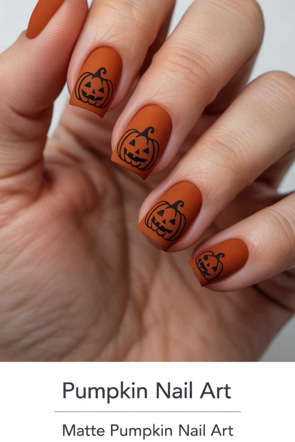 Close-up of a hand with matte orange nails featuring black pumpkin face designs, resembling Jack-o-lanterns, perfect for a Halloween-themed nail art look.