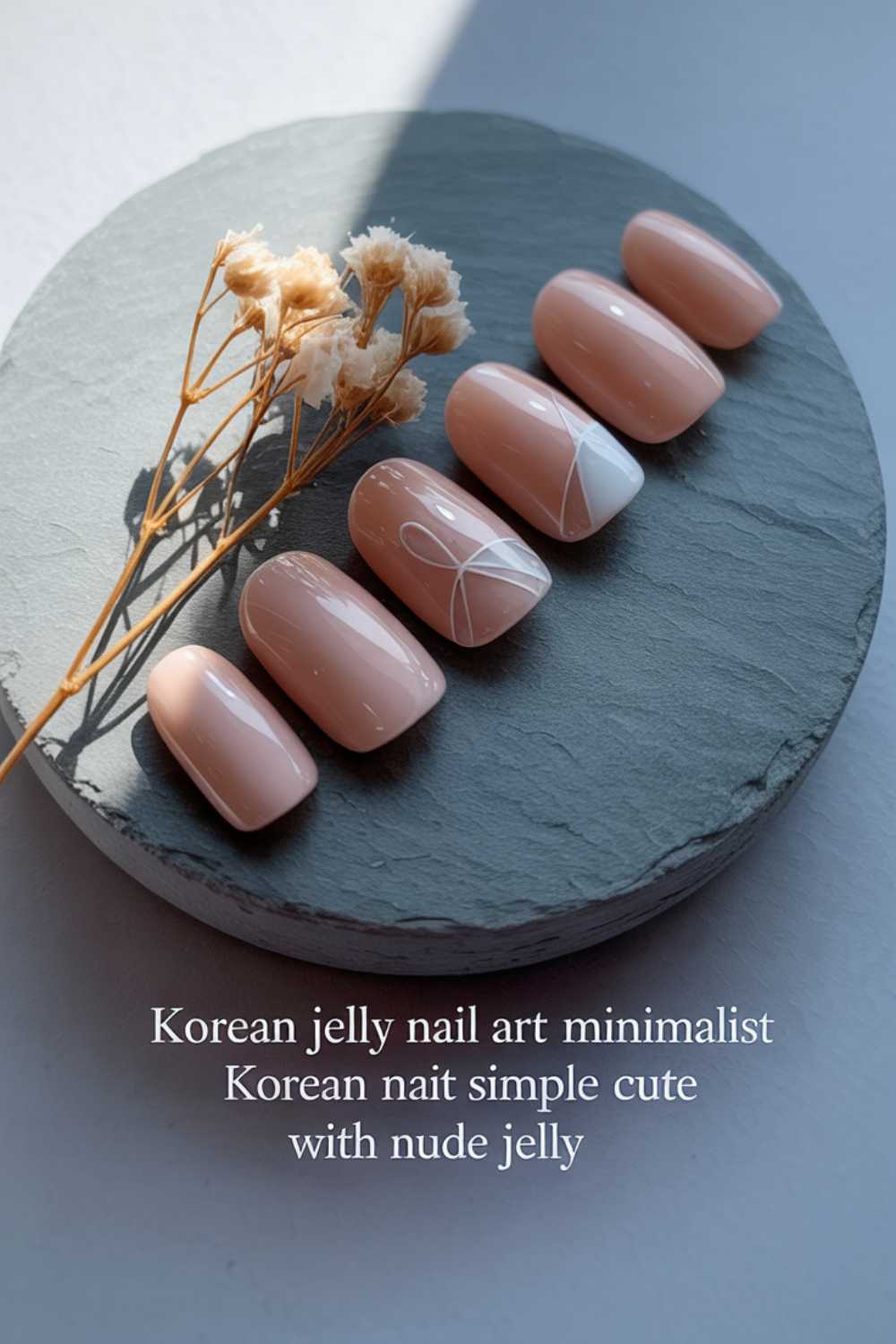 Five nude jelly press-on nails, one with minimalist white line art, displayed on a round slate with dried flowers beside them. Text below describes the nails as Korean minimalist jelly nail art in nude shades.