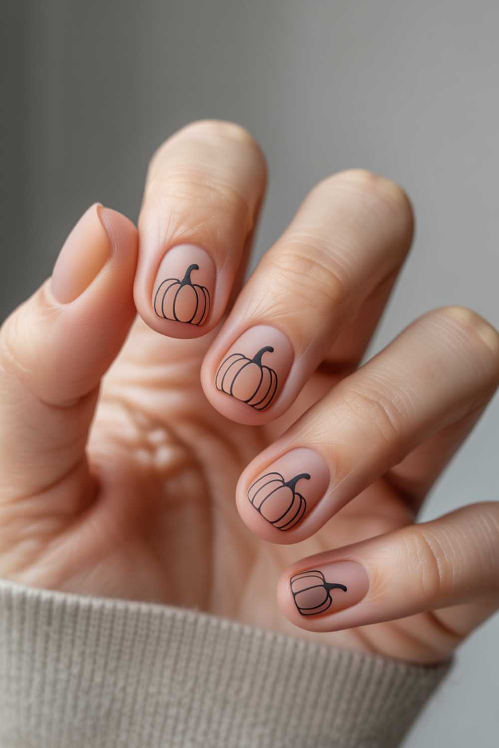 A hand with short, natural nails painted with a nude polish, each nail featuring a simple black outline drawing of a pumpkin. The design is minimalist and autumn-inspired.