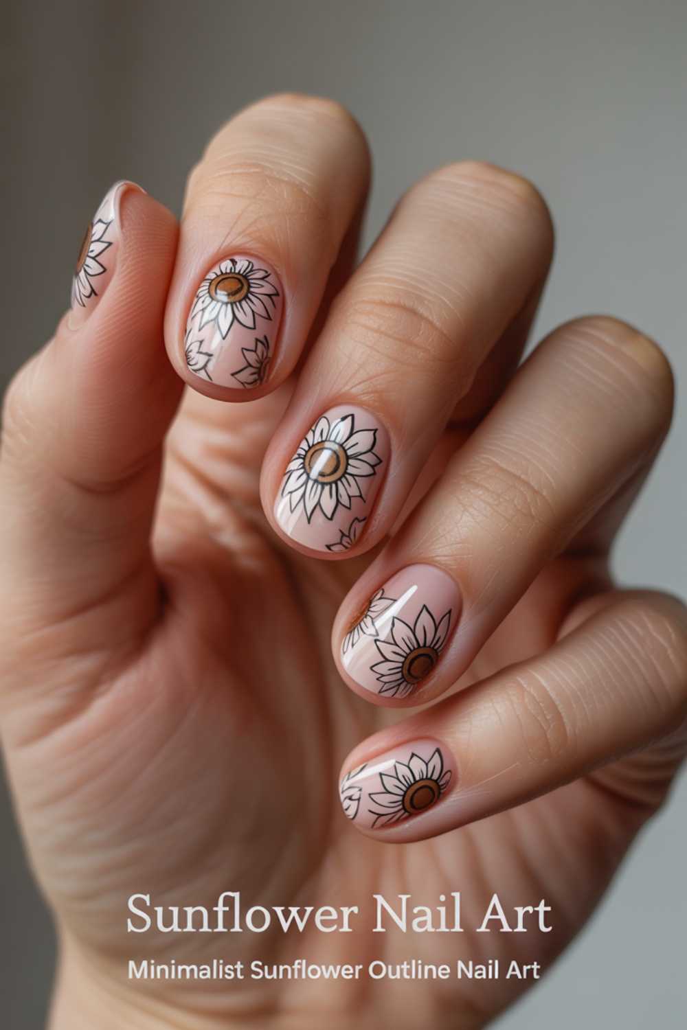 A hand with neatly manicured nails featuring minimalist sunflower outline nail art on a nude base. The text at the bottom reads, Sunflower Nail Art: Minimalist Sunflower Outline Nail Art.