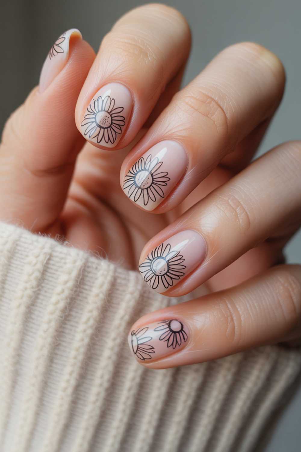A hand with short, oval-shaped nails painted with a nude base and decorated with white daisy flower designs. The person is wearing a cream-colored knit sweater.