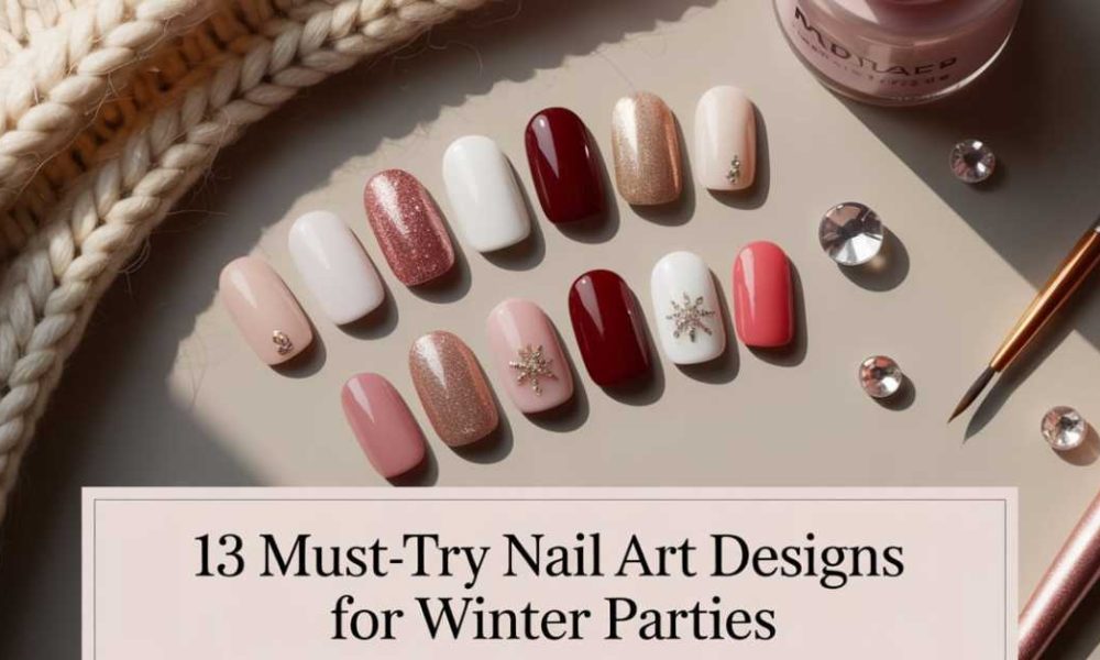 A set of artificial nails in pink, red, nude, and glittery shades with snowflake and gem designs, surrounded by a knitted fabric, nail tools, and polish; text reads “13 Must-Try Nail Art Designs for Winter Parties.”.