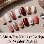 A set of artificial nails in pink, red, nude, and glittery shades with snowflake and gem designs, surrounded by a knitted fabric, nail tools, and polish; text reads “13 Must-Try Nail Art Designs for Winter Parties.”.