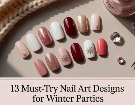 A set of artificial nails in pink, red, nude, and glittery shades with snowflake and gem designs, surrounded by a knitted fabric, nail tools, and polish; text reads “13 Must-Try Nail Art Designs for Winter Parties.”.