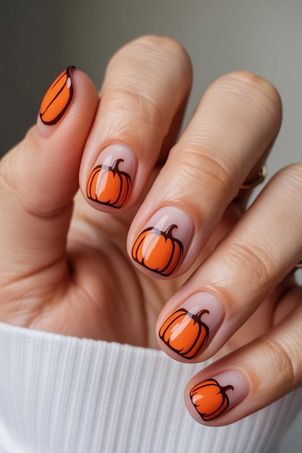 A hand with nude-colored nails features orange pumpkin nail art outlined in black on each nail, giving a festive and autumnal look. The person is wearing a white long-sleeved garment.