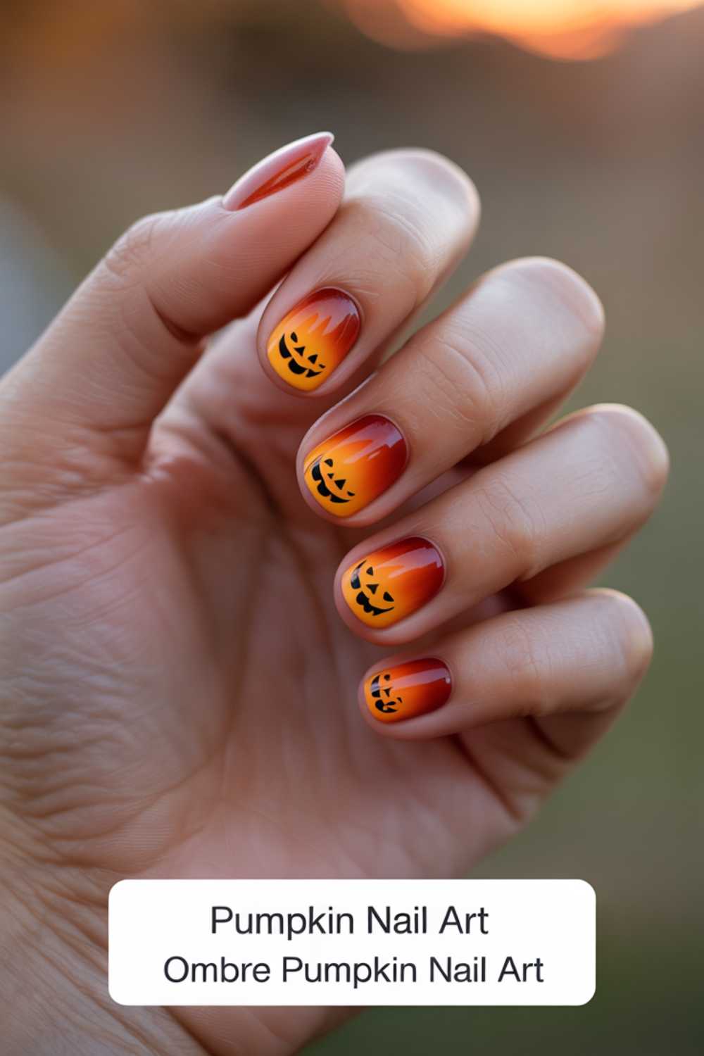 A hand with ombre orange and red Halloween-themed nails, each featuring a black pumpkin face design. The caption below reads: “Pumpkin Nail Art, Ombre Pumpkin Nail Art.”.