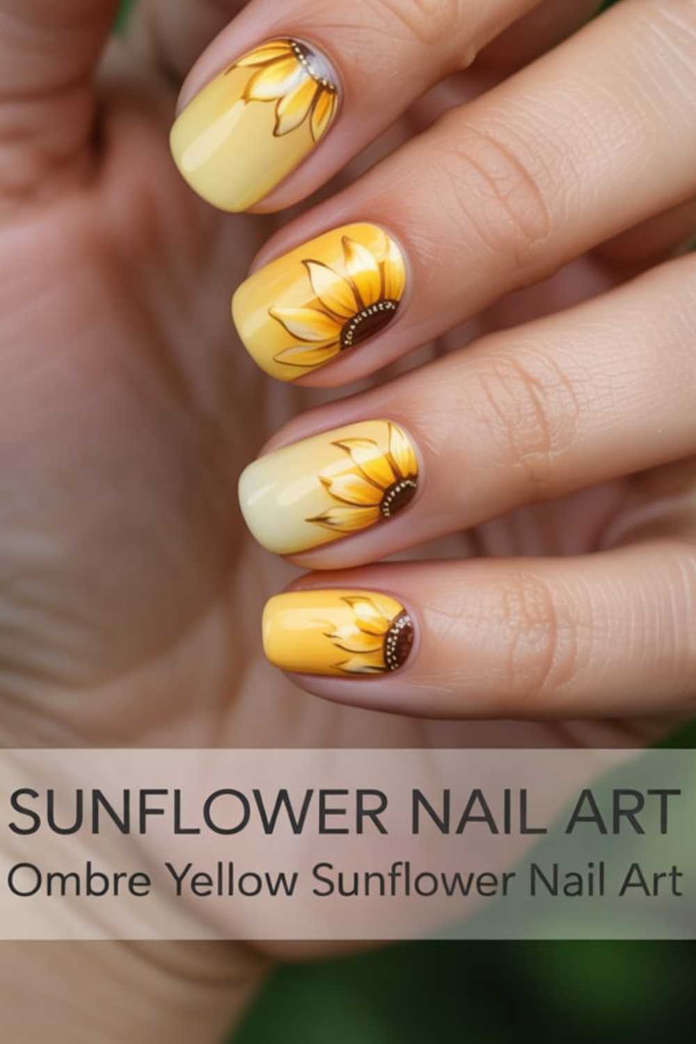 A hand with ombre yellow nails featuring detailed sunflower designs on each nail. Text on the image reads: “SUNFLOWER NAIL ART Ombré Yellow Sunflower Nail Art.”.